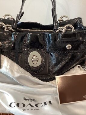 Coach Peyton Black Patent Leather Turnlock Shoulder Bag with Silver Hardware